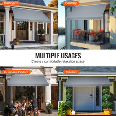 Gray retractable patio awning shown extended over backyard, balcony, business district, and garden.