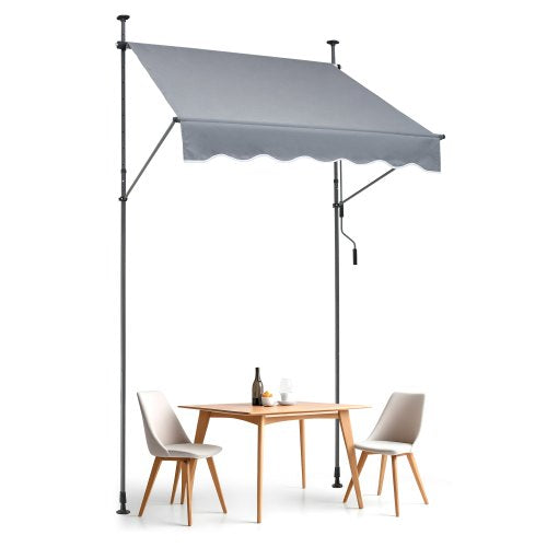 Gray retractable patio awning, 59x47 inches, mounted on poles over a table and chairs.