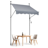 Gray retractable patio awning, 59x47 inches, mounted on poles over a table and chairs.