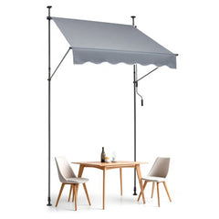 Gray retractable patio awning, 59x47 inches, mounted on poles over a table and chairs.