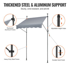 Gray retractable patio awning with aluminum frame, steel support, crank, and adjustable height.