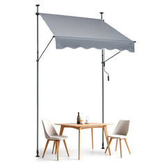 Gray retractable patio awning with crank, adjustable height and angle, shown over table and chairs.