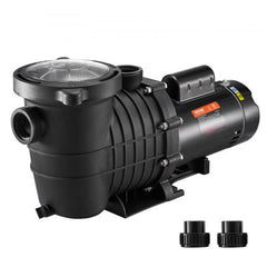 Black 1.5HP dual-speed pool pump with clear strainer basket and ABS housing.