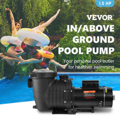 A black 1.5 HP dual speed pool pump with strainer basket on a blue pool background.