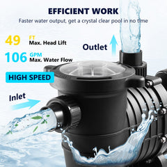 Black 1.5HP dual-speed pool pump with 49 FT head lift, 106 GPM flow, inlet, outlet, and strainer basket.