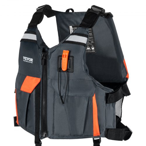 Gray Bostome 110N buoyancy life vest with orange accents and adjustable straps for men and women.