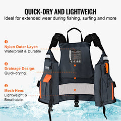 Black XL life vest with quick-dry nylon, drainage design, and adjustable straps.