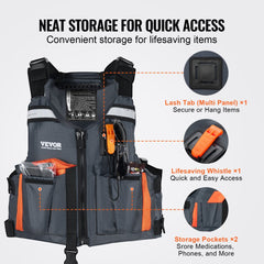 Gray XL Bostome 110N buoyancy life vest with orange straps, storage pockets, and lash tab.