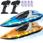 Two Bostome RC racing boats with dual motors and waterproof design for outdoor fun.