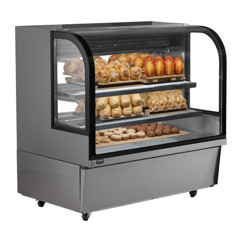 Bostome 18 cu ft refrigerated bakery display case with two adjustable shelves and LED lighting.