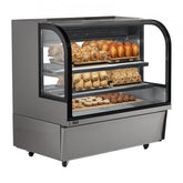 Bostome 18 cu ft refrigerated bakery display case with two adjustable shelves and LED lighting.