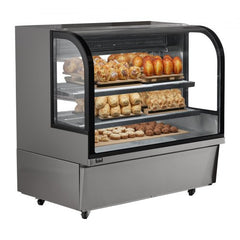 Bostome 18 cu ft refrigerated bakery display case with two adjustable shelves and LED lighting.