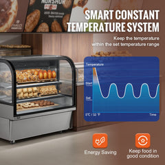 Refrigerated bakery display case with two tiers, LED lighting, and tempered glass doors.