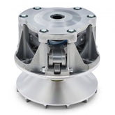 Silver metallic primary drive clutch with EBS type for Polaris Sportsman, showing alloy sheaves and internal components.