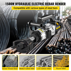 Electric rebar bender with hydraulic system for bending up to 1" rebar efficiently.
