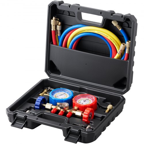 Bostome 3-way AC manifold gauge set with three hoses and precise gauges for refrigerant diagnostics.
