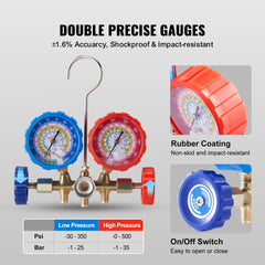 Bostome 3-way AC manifold gauge set with three hoses and precise gauges for refrigerant maintenance.