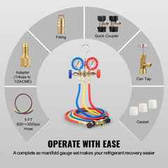 Bostome 3-way AC manifold gauge set with three hoses and precise gauges for refrigerant diagnostics.