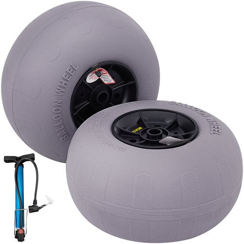 Pair of 13-inch gray TPU balloon wheels with black hubs and blue hand pump.