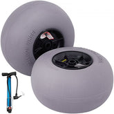 Pair of 13-inch gray TPU balloon wheels with black hubs and blue hand pump.