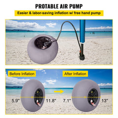 Two 13-inch gray TPU balloon wheels for kayak dolly, shown deflated and inflated on beach sand with hand pump.