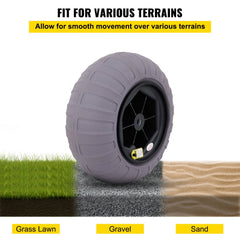 Gray 15.7-inch TPU balloon wheel on grass, gravel, and sand terrains.