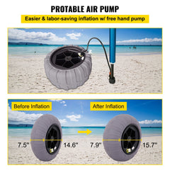 Two 15.7-inch gray TPU balloon wheels for kayak dolly, shown deflated and inflated on beach sand with hand pump.