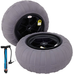 Two 15.7-inch gray TPU balloon wheels for kayak dolly with hand pump.