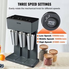 Triple head electric milkshake machine with stainless steel cups and 3-speed controls.