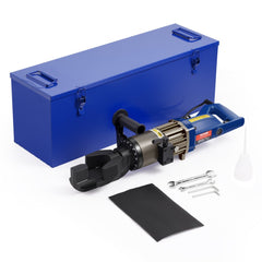 Electric hydraulic rebar bender in black and blue, bending 6-20mm rebar efficiently.