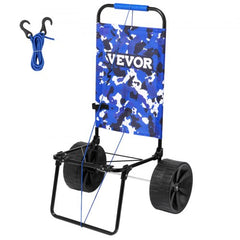 Folding beach cart with 10-inch wheels, 69 lbs capacity, and secure straps for stable transport.