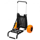 Black aluminum beach dolly with adjustable handle and large orange foam wheels.