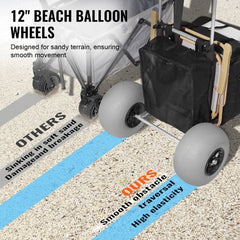 Bostome Beach Cart with 12" balloon wheels, 165lbs capacity, and folding aluminum frame.