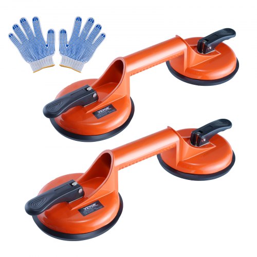 Two orange 4.7-inch glass suction cups with aluminum handles and blue gloves.