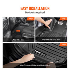 Infographic showing easy no-tool installation steps for 3-piece TPE floor mats in a Honda CR-V Hybrid.