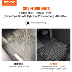Black TPE floor mats for Toyota RAV4 2019-2024 non-hybrid, with raised edges and before-after cleanliness images.