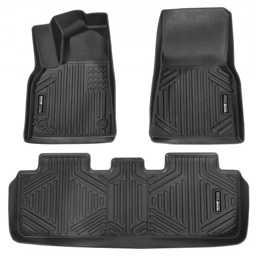 Black TPE floor mats for Tesla Model Y, 3-piece set with custom fit and raised edges.