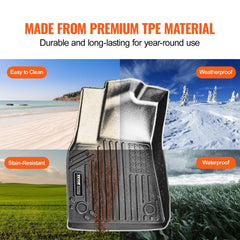 3-piece black TPE floor mats for Tesla Model Y, showing durability, ease of cleaning, stain resistance, and waterproof features in various weather conditions.
