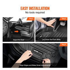 Three-step illustration of installing Bostome TPE floor mats in a Tesla Model Y with no tools required.