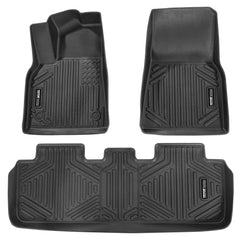 Black TPE floor mats for Tesla Model Y, 3-piece set with raised edges and textured surfaces.