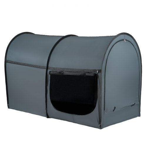 A black breathable blackout bed tent with four mesh doors for privacy and ventilation.