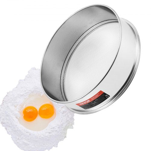 A 12-inch stainless steel flour sieve with 12-mesh screen, shown sifting flour over eggs.