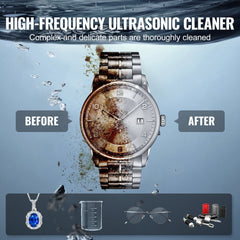 Bostome 1.3L ultrasonic jewelry cleaner showing before-and-after watch cleaning in water.