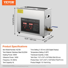 Stainless steel ultrasonic cleaner with 6L capacity and digital control for precise cleaning.
