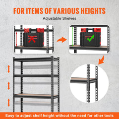 Black 5-tier adjustable metal shelving unit with tool-free height adjustments.