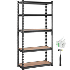 Black 5-tier adjustable heavy-duty metal shelving unit with 2000 lbs capacity, plus gloves and mallet.