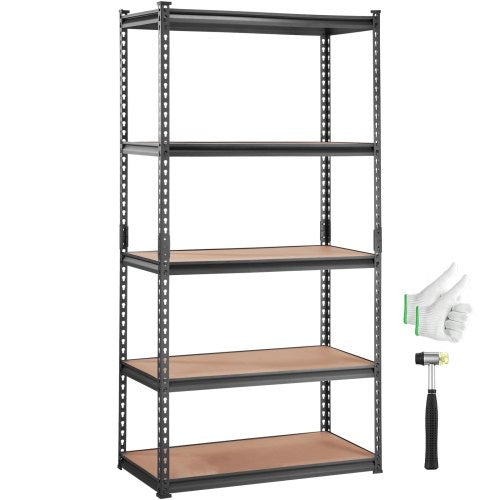 Black heavy-duty 5-tier metal shelving unit with a 2000 lbs capacity and adjustable shelves.