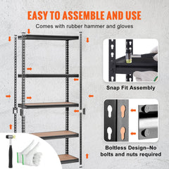 Black 5-tier metal garage shelving unit with a 2000 lbs capacity and adjustable shelf heights.