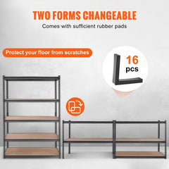Black 5-tier garage shelving unit made of rust-resistant steel with adjustable shelves.