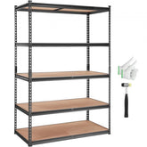 Black 5-tier heavy duty metal storage shelving unit, 48x24x72 inches, with included gloves and rubber hammer.